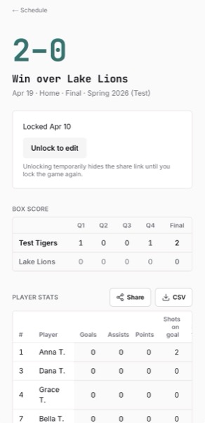 Groundball — Post-game celebration with final score and player of the game