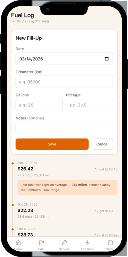 Sambar app — New fill-up entry form