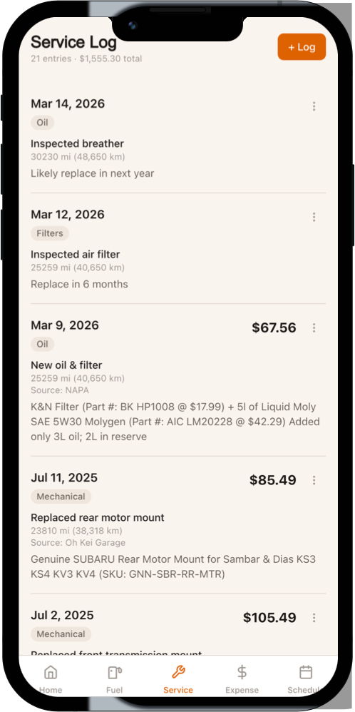 Sambar app — Service log with maintenance history