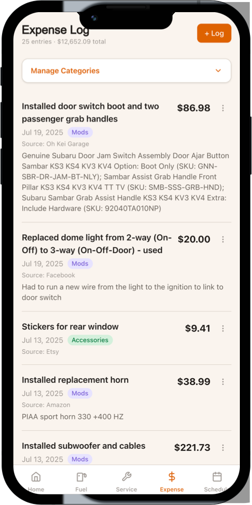 Sambar app — Expense log with category filtering