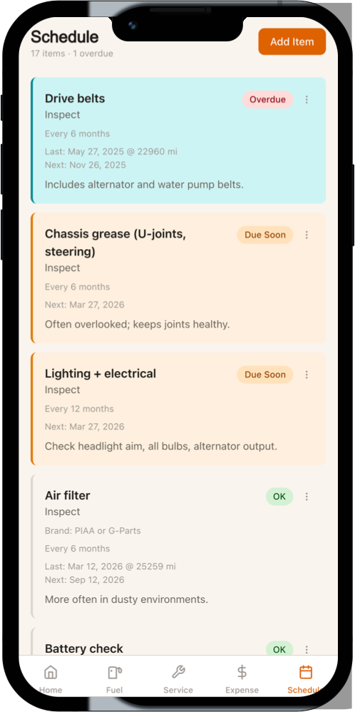 Sambar app — Maintenance schedule with status badges